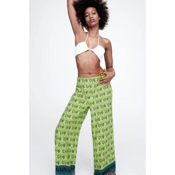 NWOT Zara green & multicolour abstract floral print high waist wide leg pants, S - Picture 2 of 14
